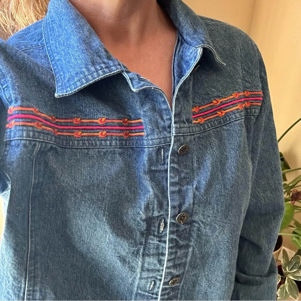Denim&Co Blue Denim Shirt with Hot Pink and Tangerine Embroidered Stitch Detail